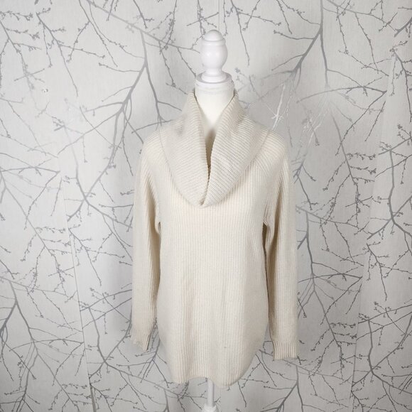 Tahari Ivory Fisherman Rib 55% Merino Wool Cowl Neck Sweater - Picture 1 of 6